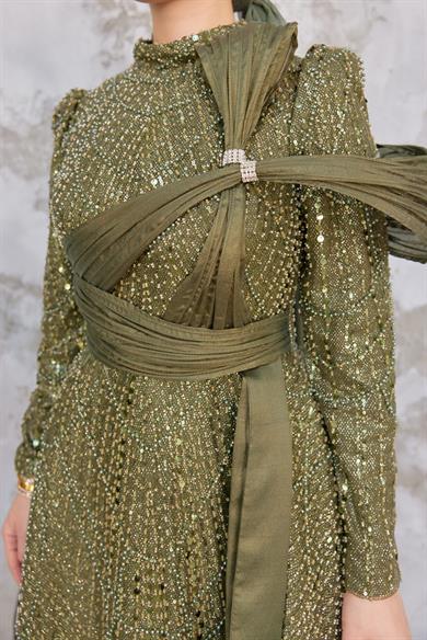 Caroline Tesettür Abiye - Haki