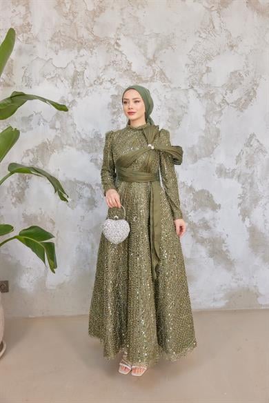 Caroline Tesettür Abiye - Haki