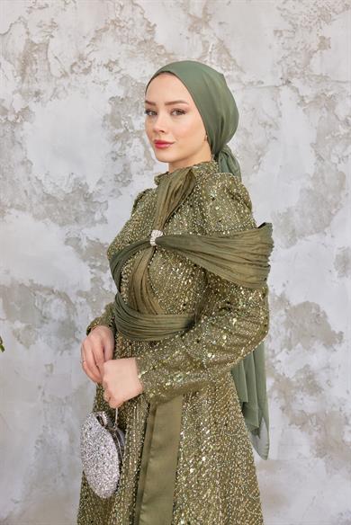 Caroline Tesettür Abiye - Haki