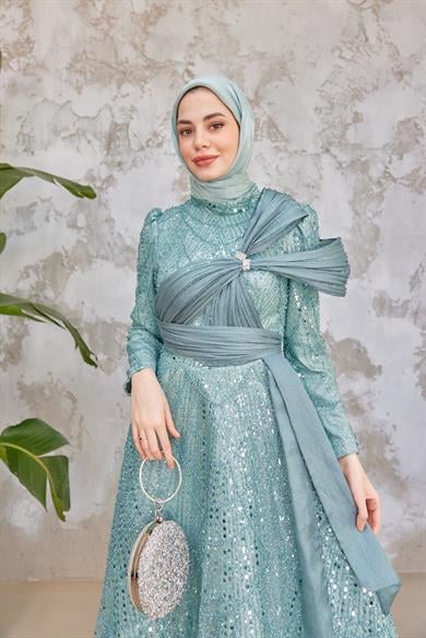 Caroline Tesettür Abiye - Turkuaz