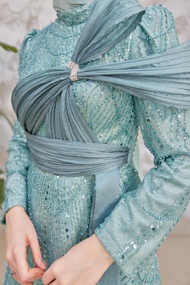 Caroline Tesettür Abiye - Turkuaz