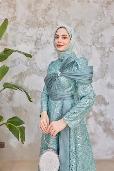 Caroline Tesettür Abiye - Turkuaz