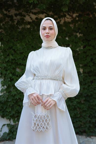 Ceren Taş İşleme Abiye - Ekru