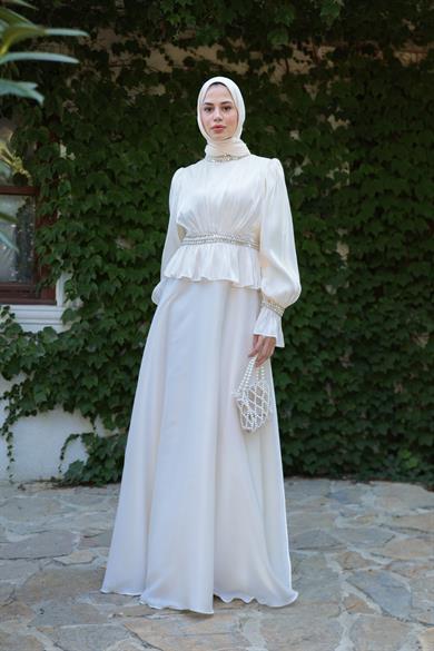 Ceren Taş İşleme Abiye - Ekru