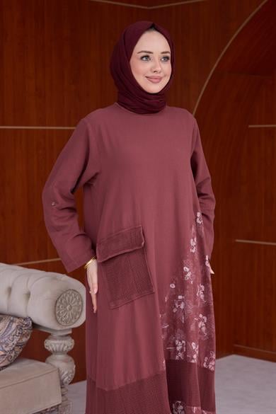 Çiçek Desen Tensel Elbise - Bordo