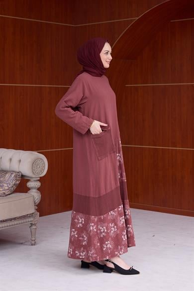 Çiçek Desen Tensel Elbise - Bordo
