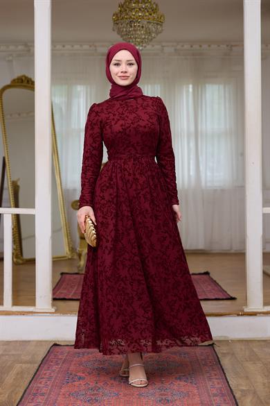 Çiçek Güpür Abiye - Bordo