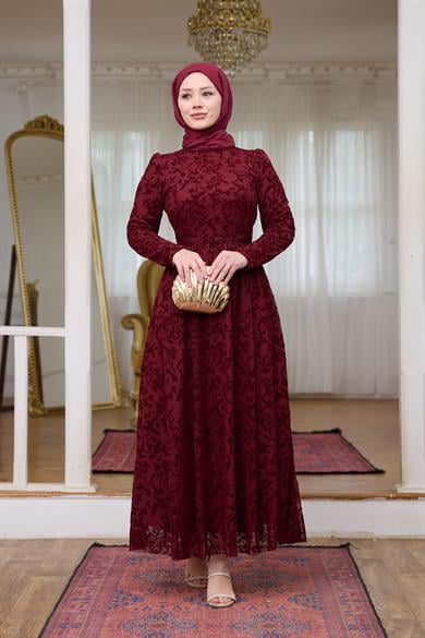 Çiçek Güpür Abiye - Bordo