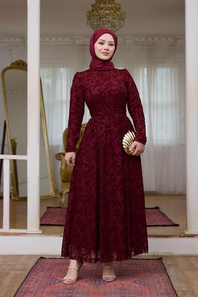 Çiçek Güpür Abiye - Bordo