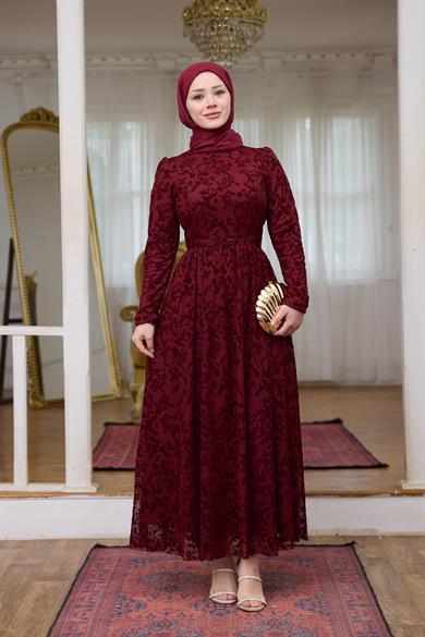 Çiçek Güpür Abiye - Bordo
