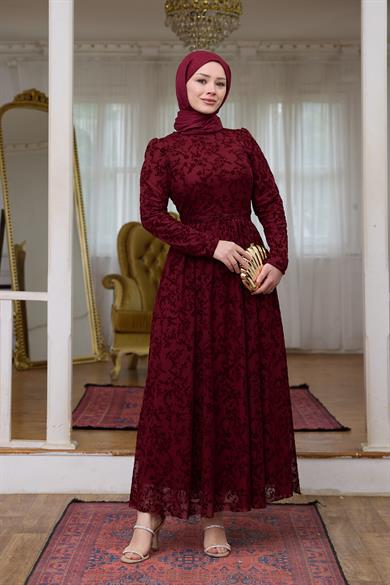 Çiçek Güpür Abiye - Bordo