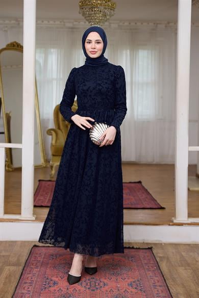 Çiçek Güpür Abiye - Lacivert