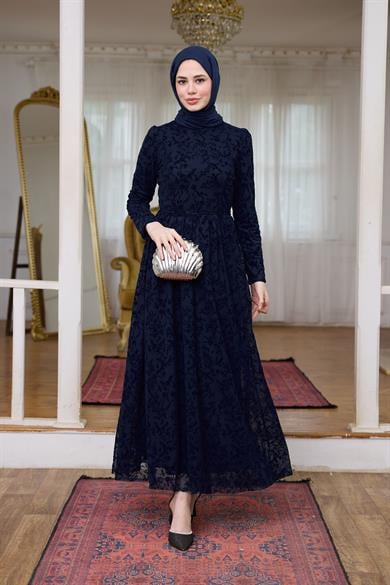 Çiçek Güpür Abiye - Lacivert