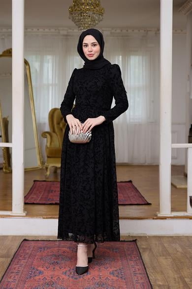 Çiçek Güpür Abiye - Siyah