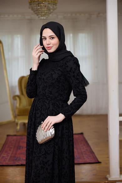 Çiçek Güpür Abiye - Siyah
