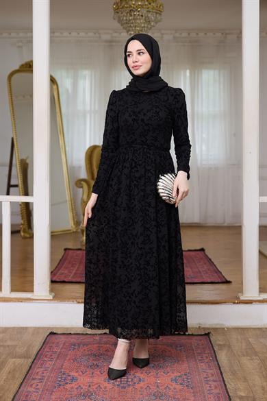 Çiçek Güpür Abiye - Siyah