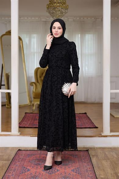 Çiçek Güpür Abiye - Siyah