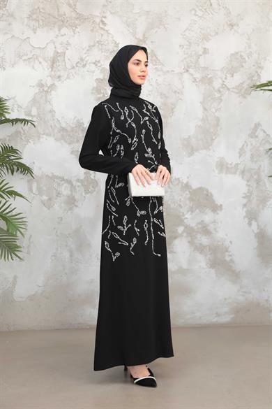 Çiçek İşleme Krep Abiye - Siyah