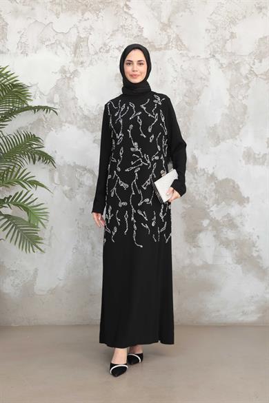 Çiçek İşleme Krep Abiye - Siyah