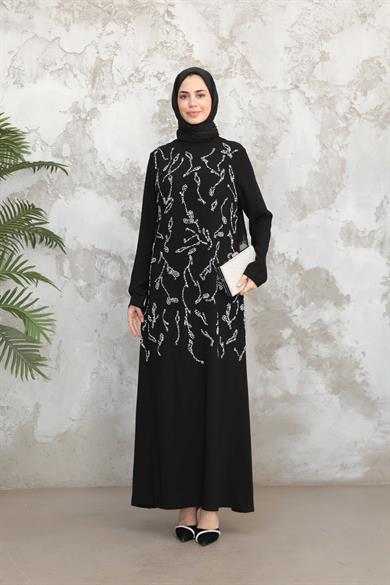 Çiçek İşleme Krep Abiye - Siyah