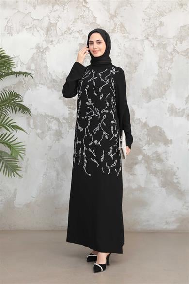 Çiçek İşleme Krep Abiye - Siyah