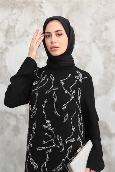 Çiçek İşleme Krep Abiye - Siyah