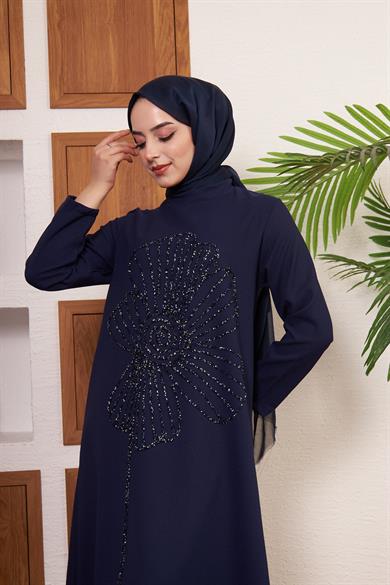 Çiçek İşlemeli Krep Abiye - Lacivert