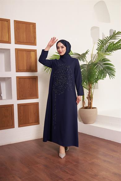 Çiçek İşlemeli Krep Abiye - Lacivert