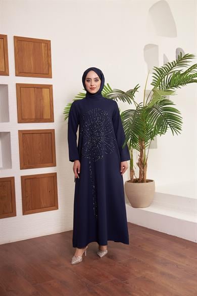 Çiçek İşlemeli Krep Abiye - Lacivert