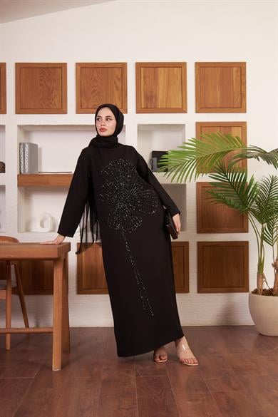 Çiçek İşlemeli Krep Abiye - Siyah