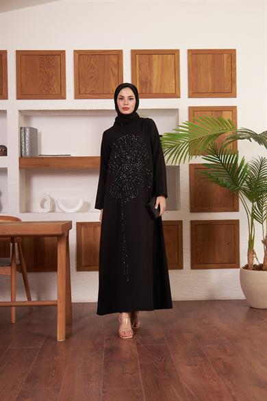 Çiçek İşlemeli Krep Abiye - Siyah