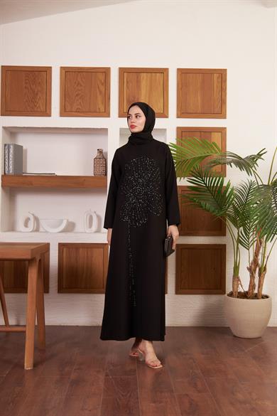 Çiçek İşlemeli Krep Abiye - Siyah