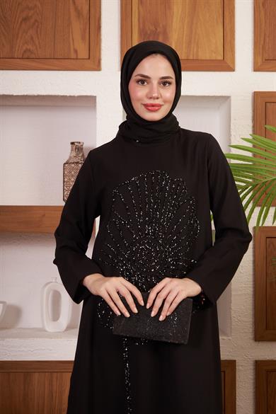 Çiçek İşlemeli Krep Abiye - Siyah