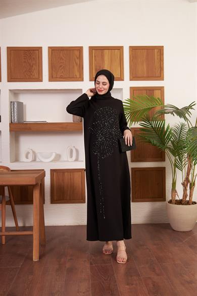 Çiçek İşlemeli Krep Abiye - Siyah