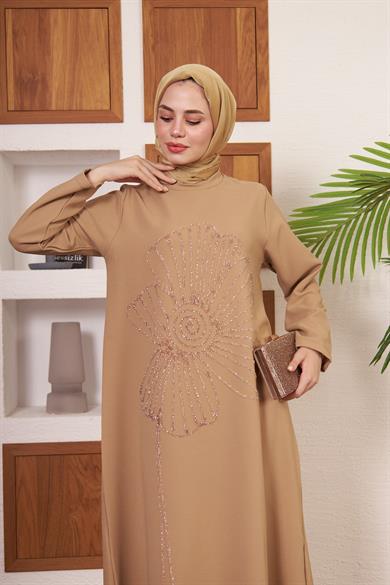 Çiçek İşlemeli Krep Abiye - Vizon