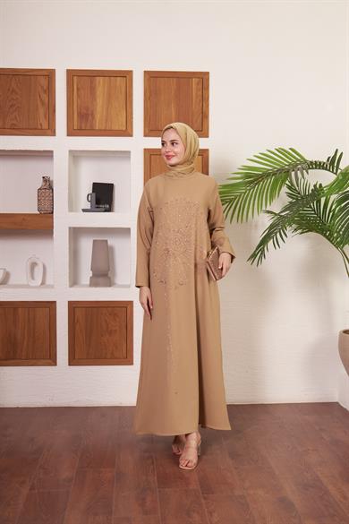 Çiçek İşlemeli Krep Abiye - Vizon