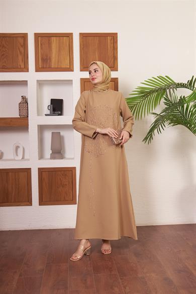 Çiçek İşlemeli Krep Abiye - Vizon