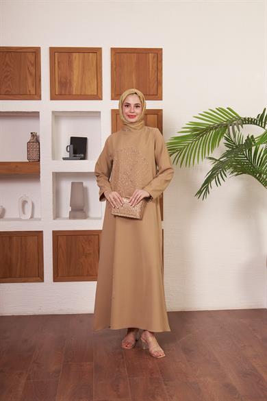 Çiçek İşlemeli Krep Abiye - Vizon