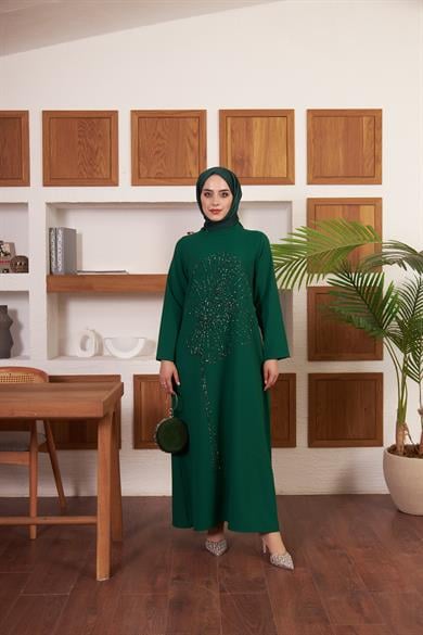 Çiçek İşlemeli Krep Abiye - Yeşil