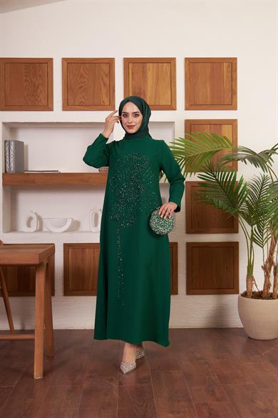 Çiçek İşlemeli Krep Abiye - Yeşil