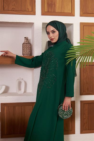 Çiçek İşlemeli Krep Abiye - Yeşil