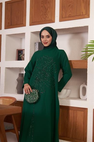 Çiçek İşlemeli Krep Abiye - Yeşil