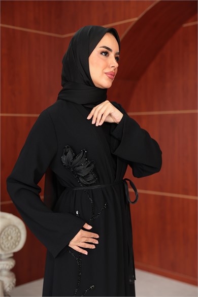 Çiçek Tasarım Detay Abaya - Siyah