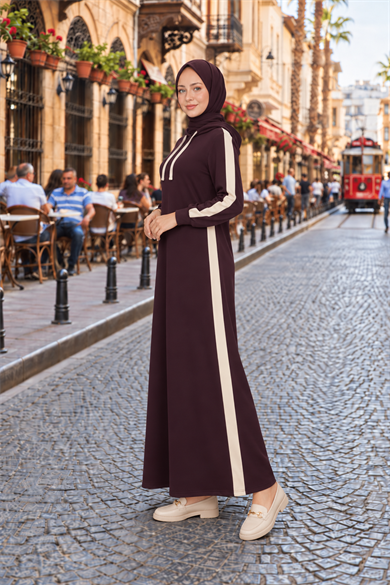 Çizgi Detay Kapüşonlu Elbise - Bordo