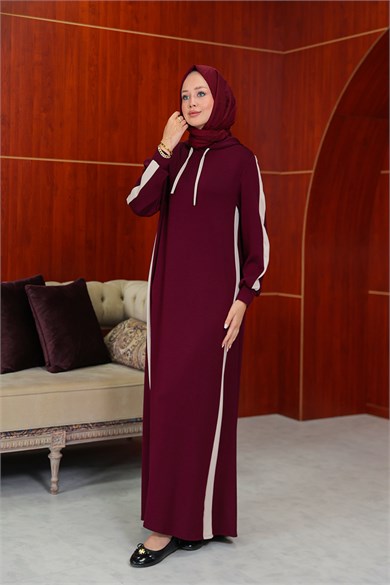Çizgi Detay Kapüşonlu Elbise - Bordo