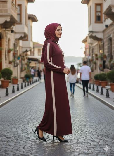 Çizgi Detay Kapüşonlu Elbise - Bordo