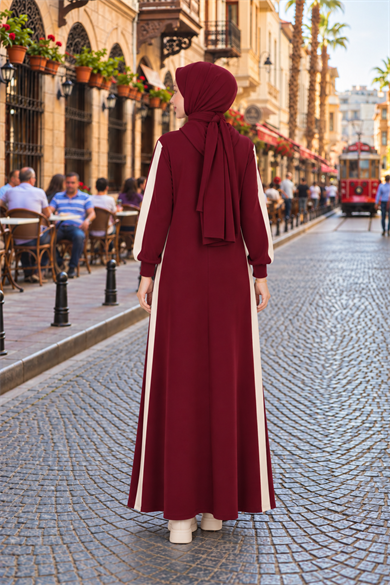 Çizgi Detay Kapüşonlu Elbise - Bordo