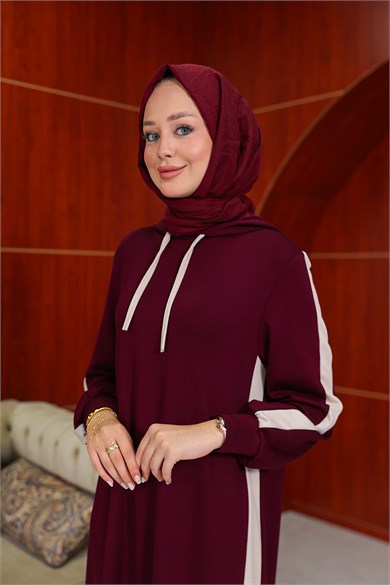 Çizgi Detay Kapüşonlu Elbise - Bordo