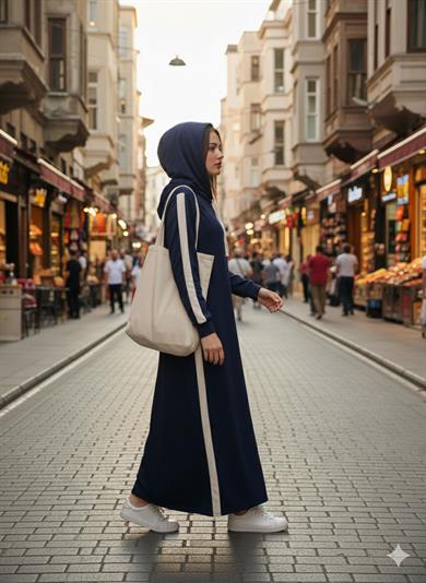 Çizgi Detay Kapüşonlu Elbise - Lacivert