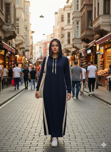 Çizgi Detay Kapüşonlu Elbise - Lacivert